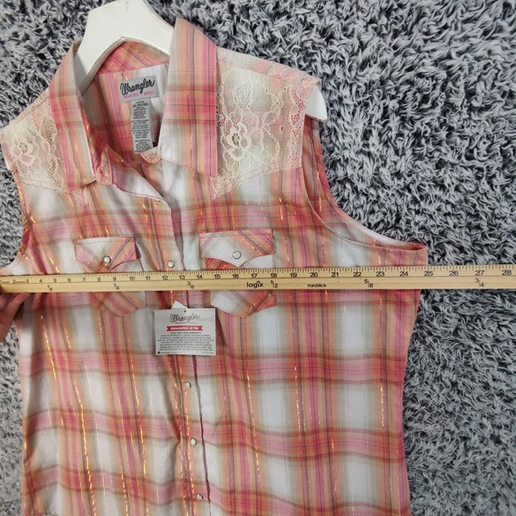 Wrangler Womens Plus XXL Sleeveless Plaid Lace Western Shirt Pink Metallic NEW - Picture 3 of 9